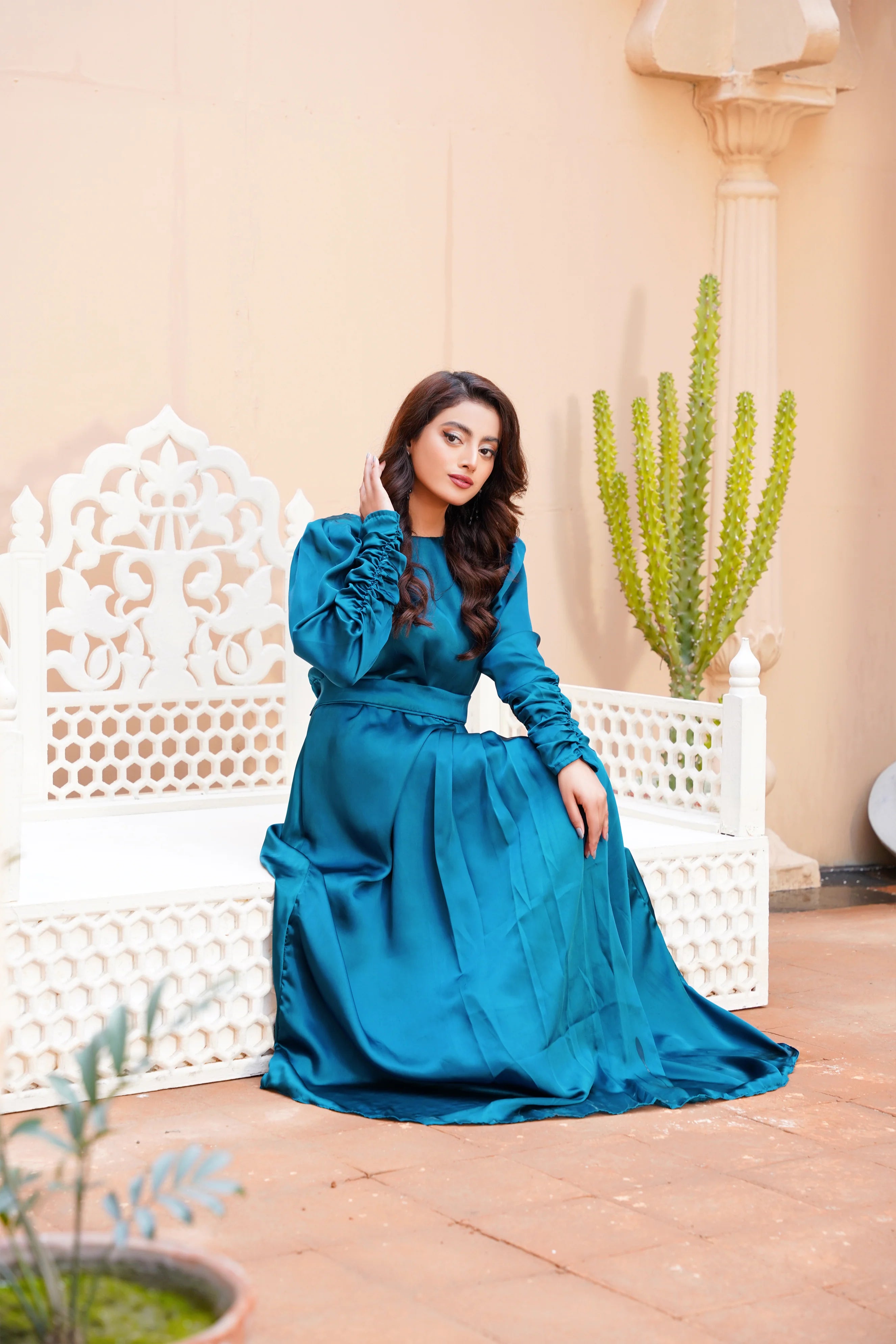Teal Green Silk Long Maxi Dress